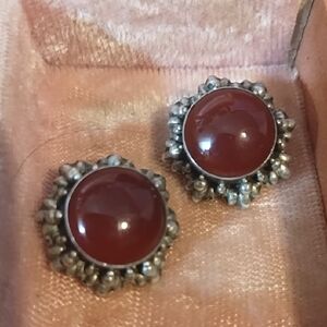 Vintage Sterling Silver and Red Amber Stone Clip On Earrings
